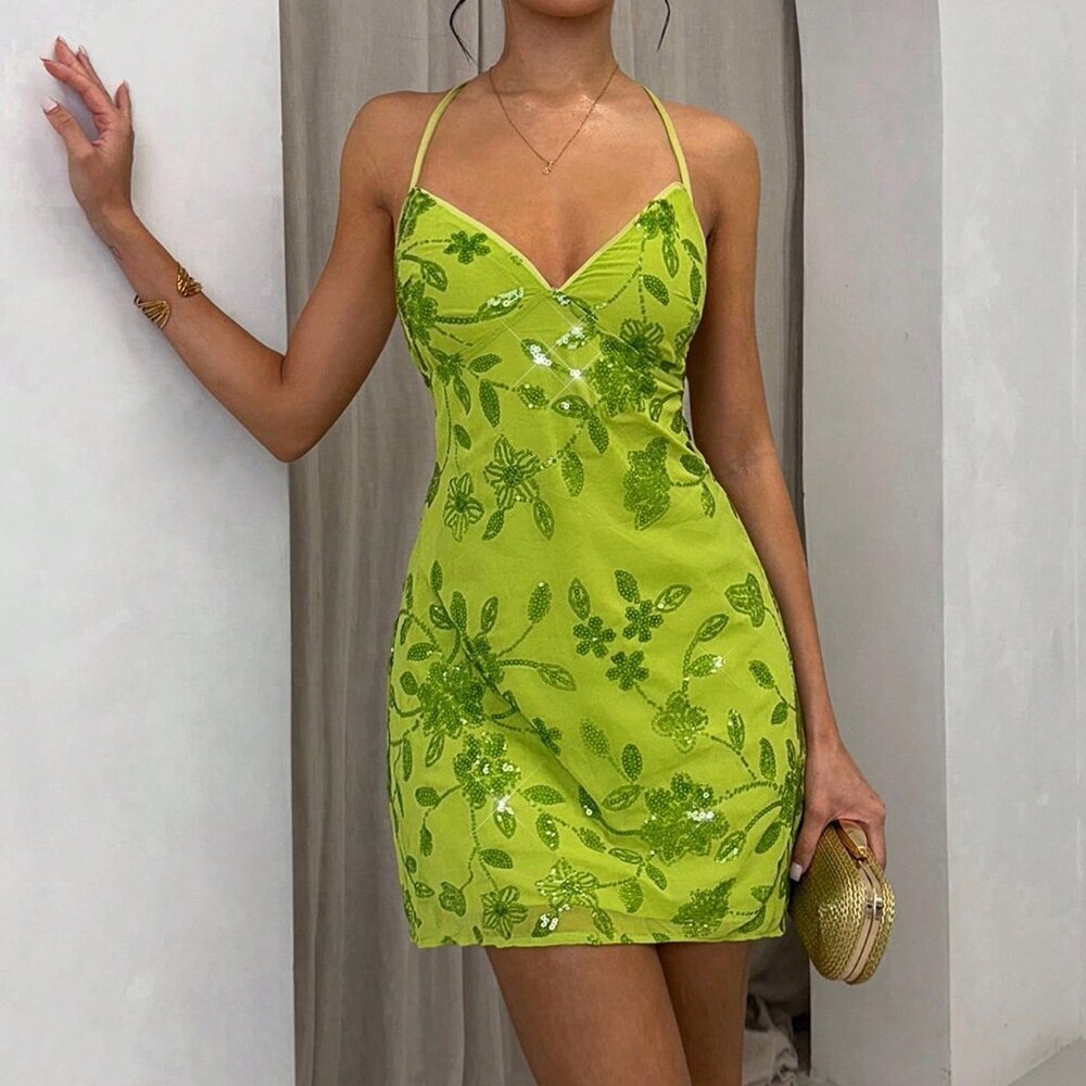 Green Party Women's Mesh Backless Tie Strap Elegant Romantic Sexy Date Dress
